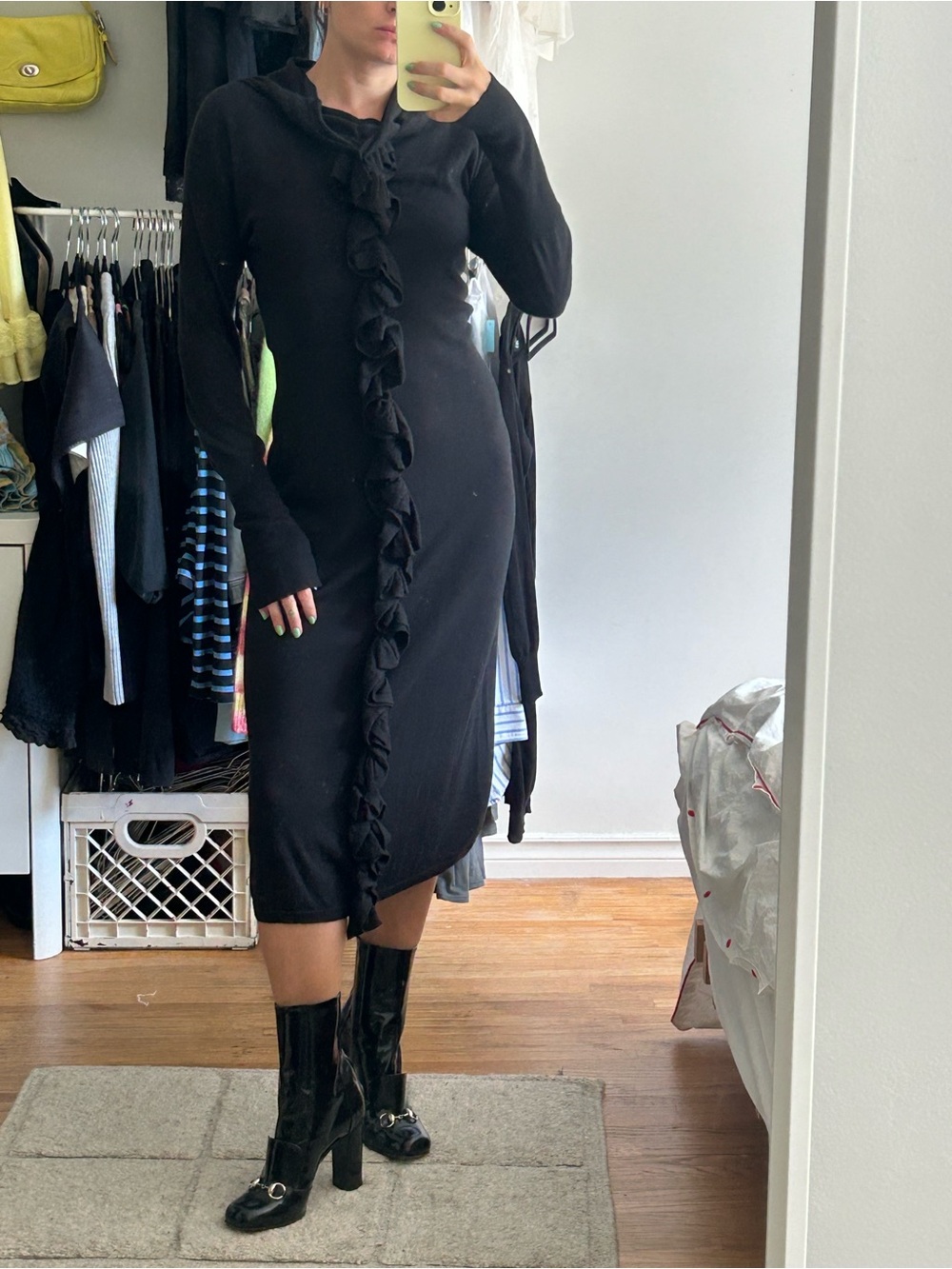 Escada Black Ruffle-Front Midi Dress